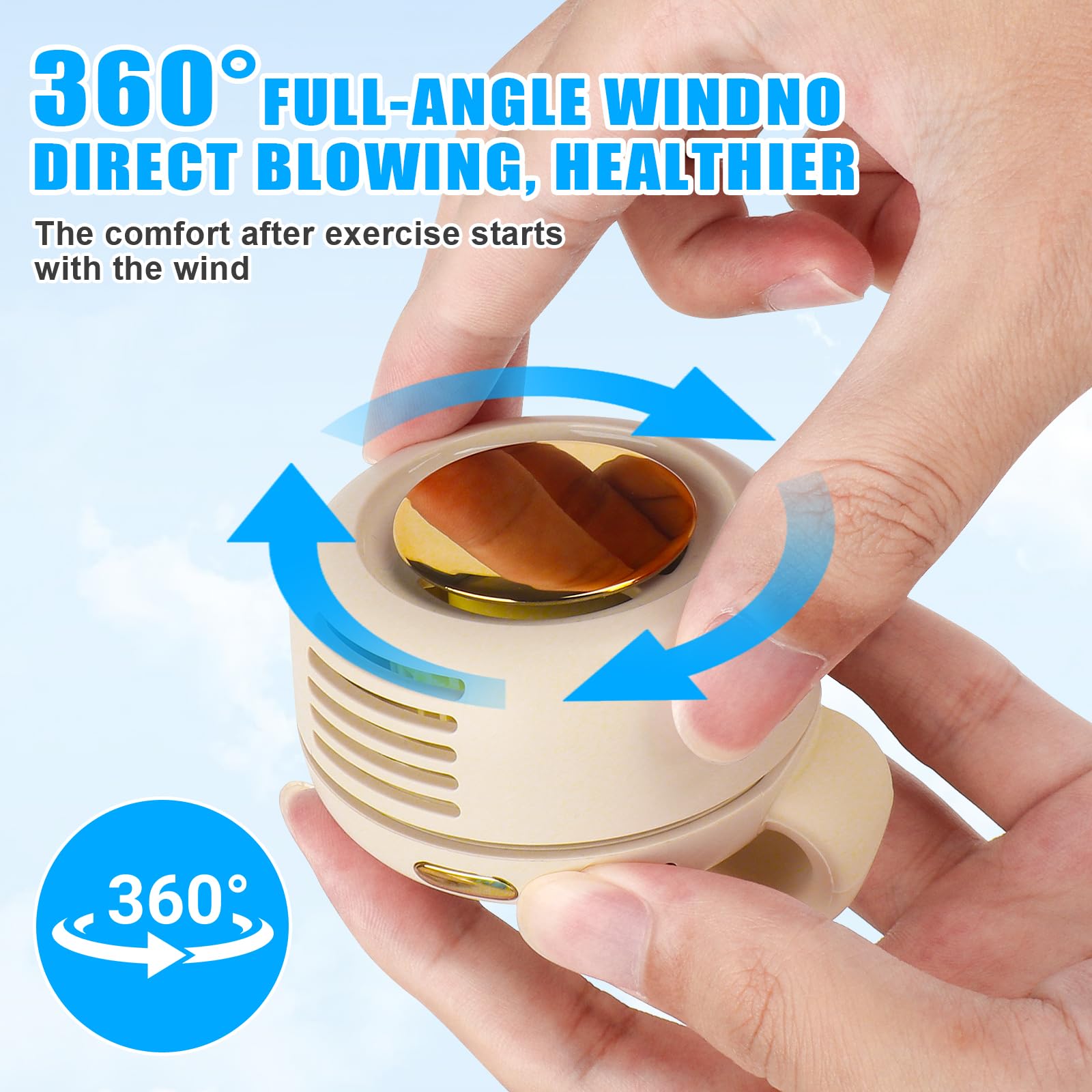 Mini ventilatore elettrico senza pale, portatile, silenzioso, a 3 velocità, con clip su vita e collo, ricaricabile, piccolo ventilatore elettrico da viaggio per vita all'aperto, viaggi, ufficio
