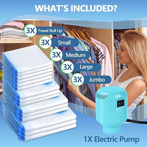 Miniatura 2 de Paquete de 15 bolsas de almacenamiento al vacío con bomba de aire eléctrica, (3 jumbo, 3 grandes, 3 medianas3 pequeñas3 rollos), bolsas selladas al