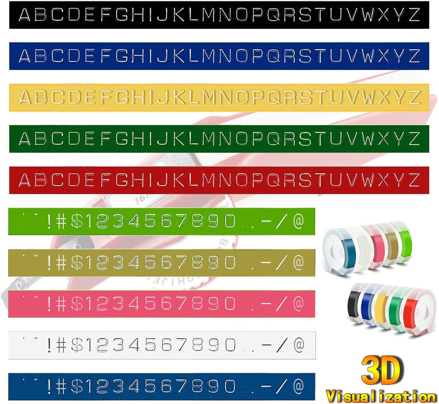 Replacement 3D Embossing Labels Tape Compatible with Dymo Embossing Label Maker DIY Manual Label Printer,1/4''x 9.8',10 Colours Plastic Organizer Embossing Label Makers 1610 Tape 10 Rolls image 2