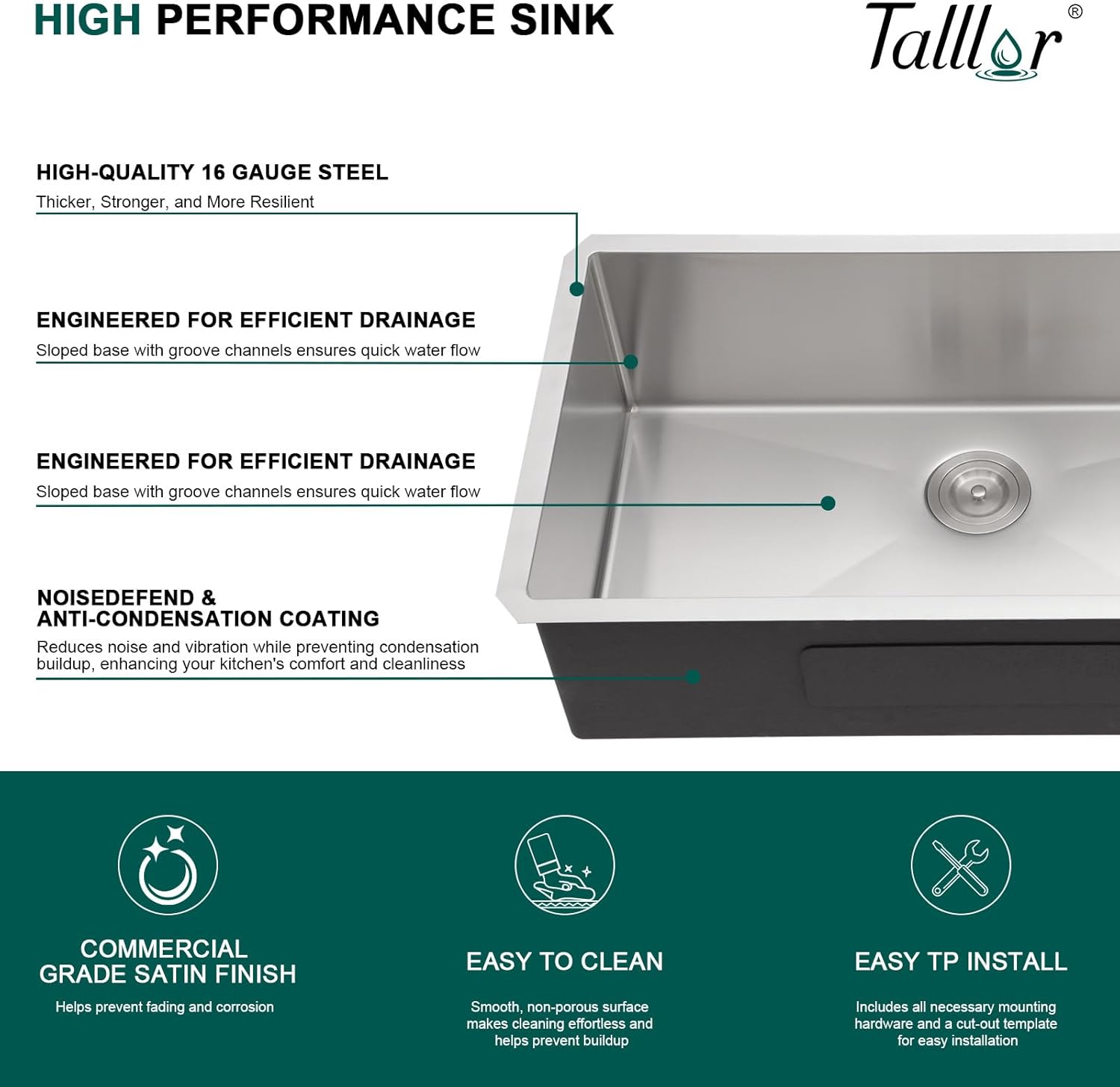 Undermount Kitchen Sink - 33 Inch Undermount 16 Gauge Stainless Steel Kitchen Sink Under Counter Single Bowl Sinks Round Corner, 33"x19"x9" #TLU-0024