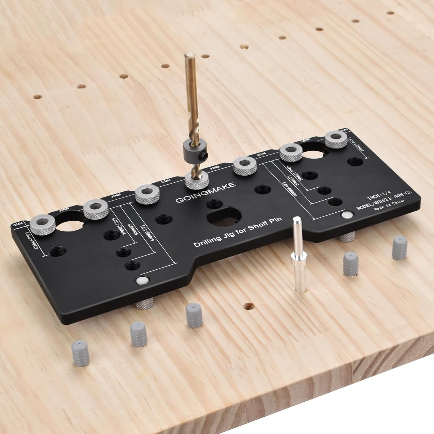 GOINGMAKE Shelf Pin Jig 1/4 Inch Aluminum Alloy Shelf Pin Drilling Jig Drill Guide for Straight