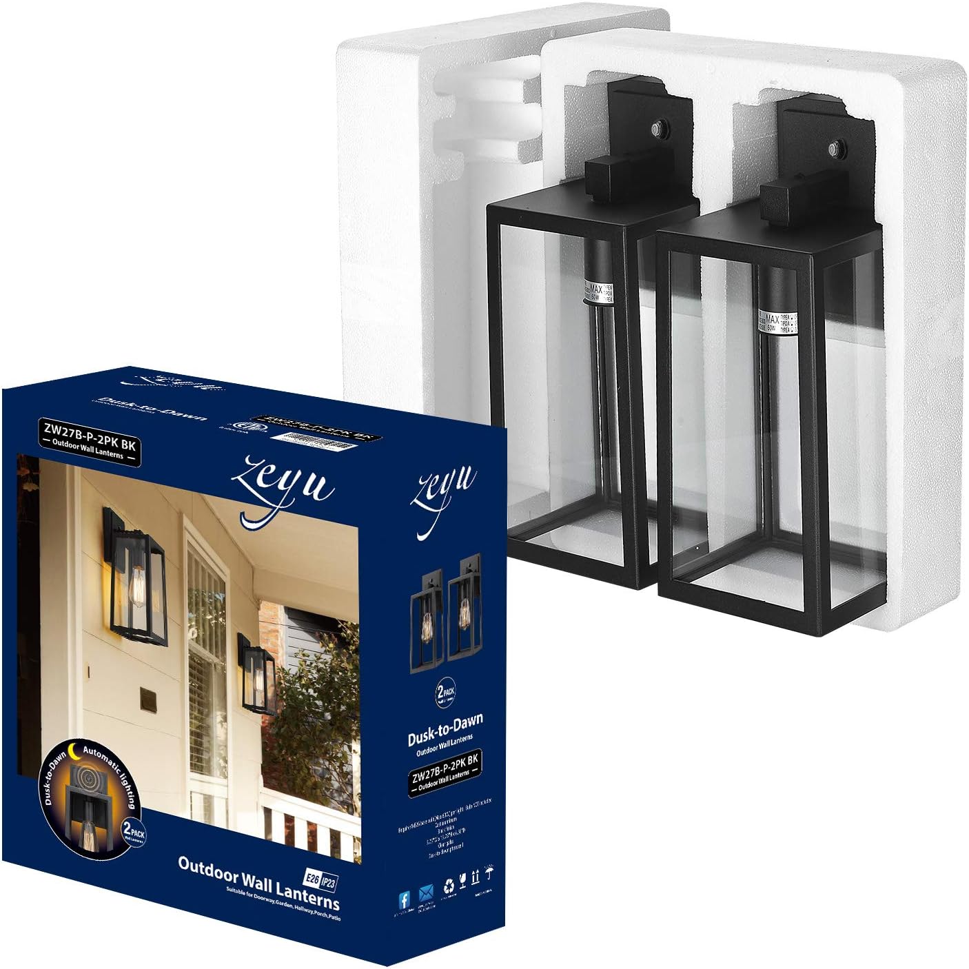zeyu Modern Outdoor Wall Lamp with Dusk to Dawn Sensor, 2 Pack Outdoor Wall Sconces for House, Black Finish with Clear Glass, ZW27B-P-2PK BK