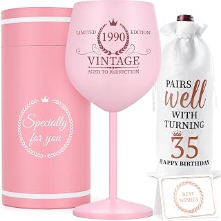 Lifecapido 35th Birthday Gifts for Women, Vintage 1990 Stainless Steel Wine Glass with Wine Bag and Card, 35th Birthday Decorations for Women, 35 Year Old Birthday Gifts for Sister Friends Wife Aunt