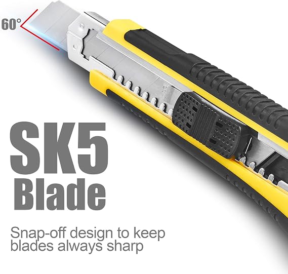 DOWELL Utility Knife, Box Cutter Retractable,3 Pcs Blades Inside, 1-Pack | Retractable utility knife, 18mm SK5 snap-off blade, auto-change mechanism, TPR handle, stores 3 blades, cuts cardboard, tape