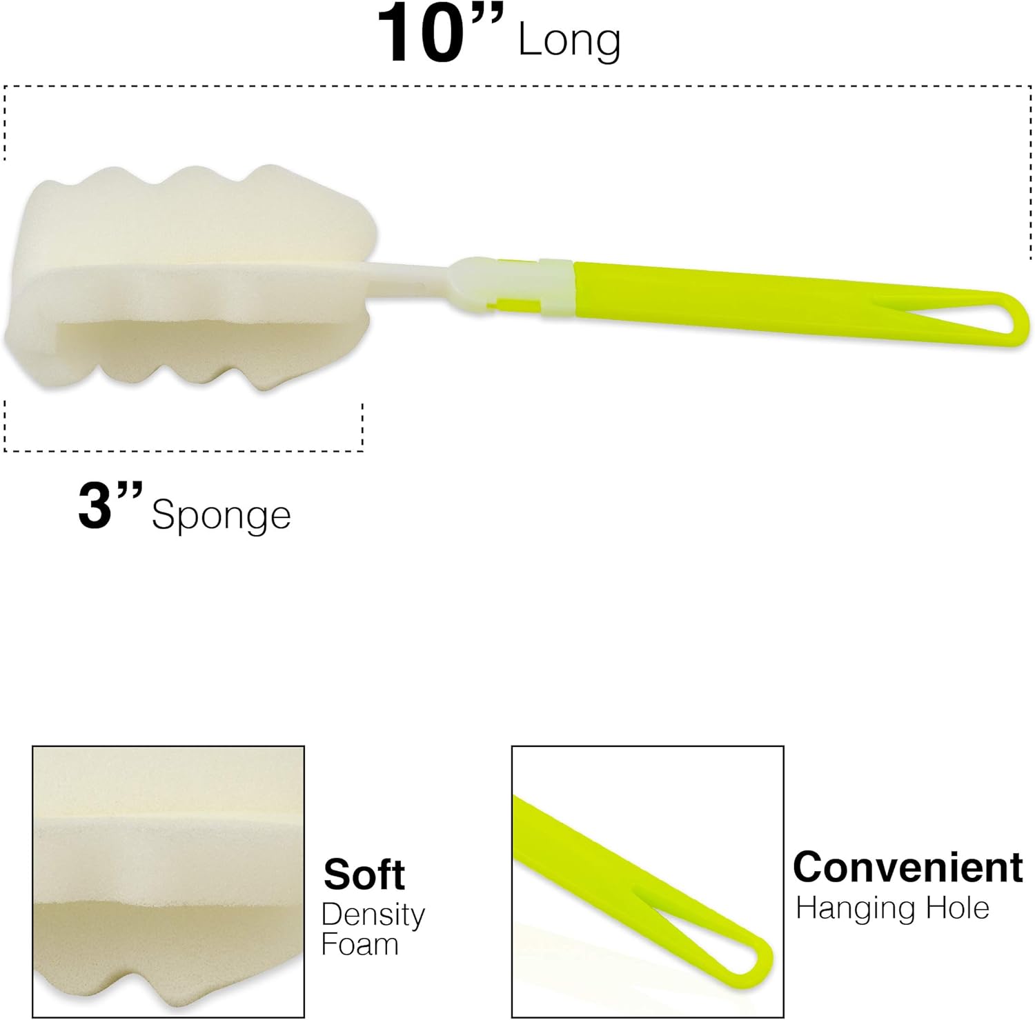 Bottle Sponge Brush with Long Handle - Soft for Cleaning Bottles, Mugs, Cups, 10 inch (10)