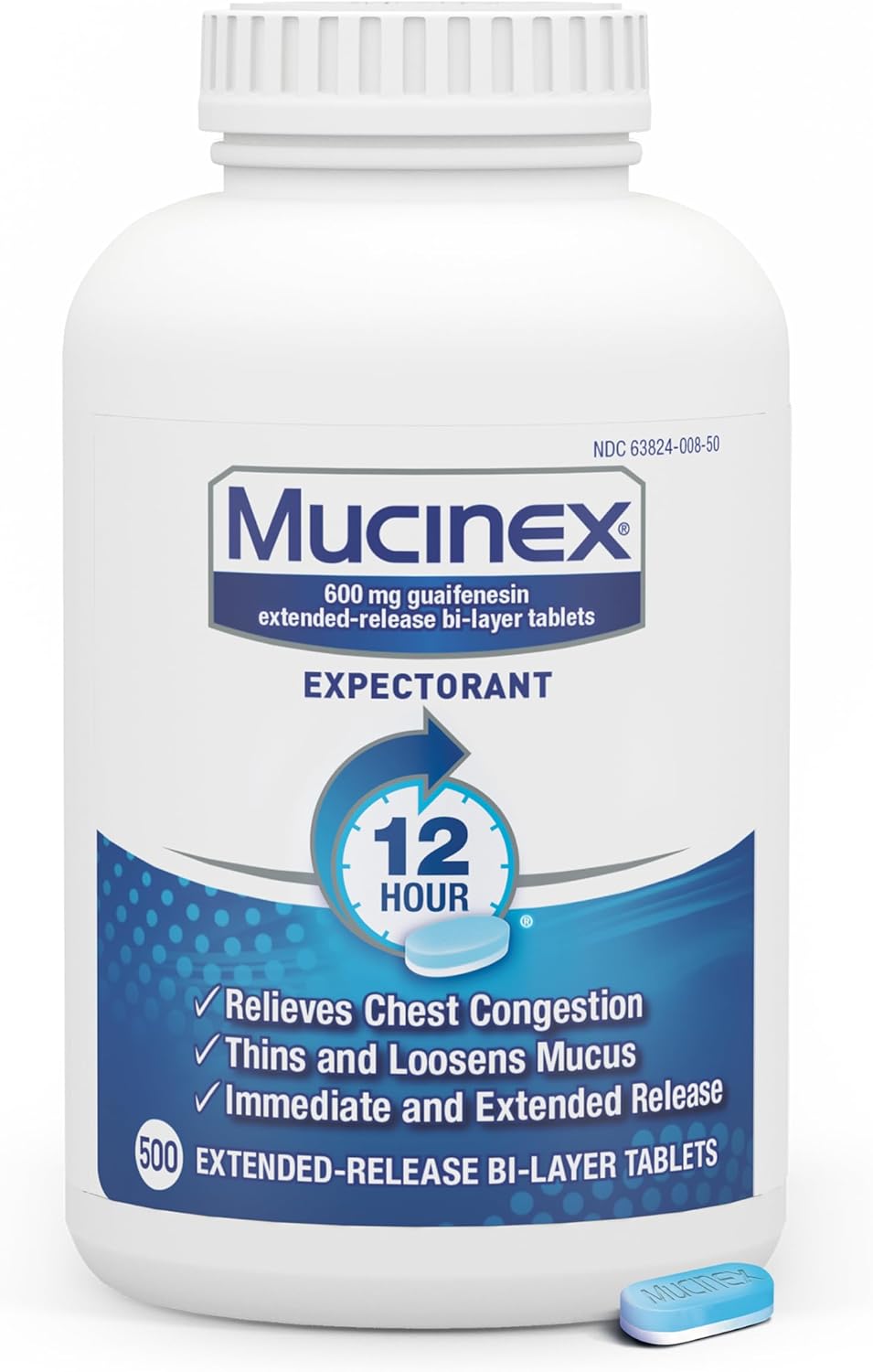 Mucinex 12 Hour 600 mg Guaifenesin Extended-Release Tablets for Excess Mucus Relief, Expectorant Aids Excess Mucus Removal, Chest Congestion Relief, 500 Bi-Layer Tablets