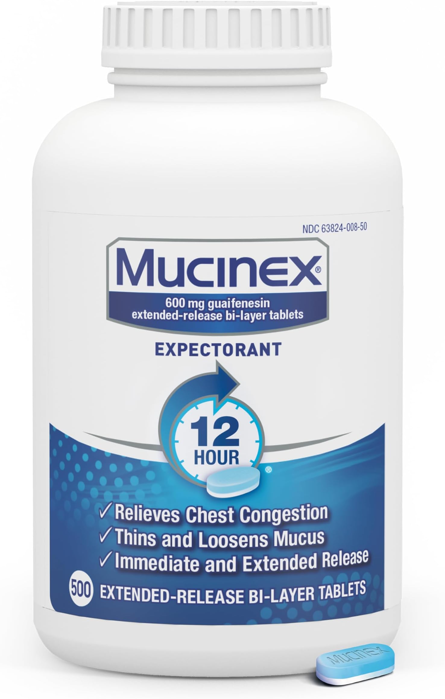 Mucinex 12 Hour 600mg Guaifenesin Chest Congestion & Mucus Relief, Guaifenesin Expectorant Aids Mucus Removal & Mucus Relief, Chest Decongestant for Adults, Dr Recommended, 500ct Tablets
