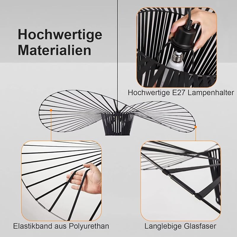 HRGKLMN Retro Függőlámpa - Állítható Magasságú E27 Szalmakalap Csillár, Fekete Vintage Mennyezeti Lámpa Nappaliba, Hálószobába, 18W, 120 cm