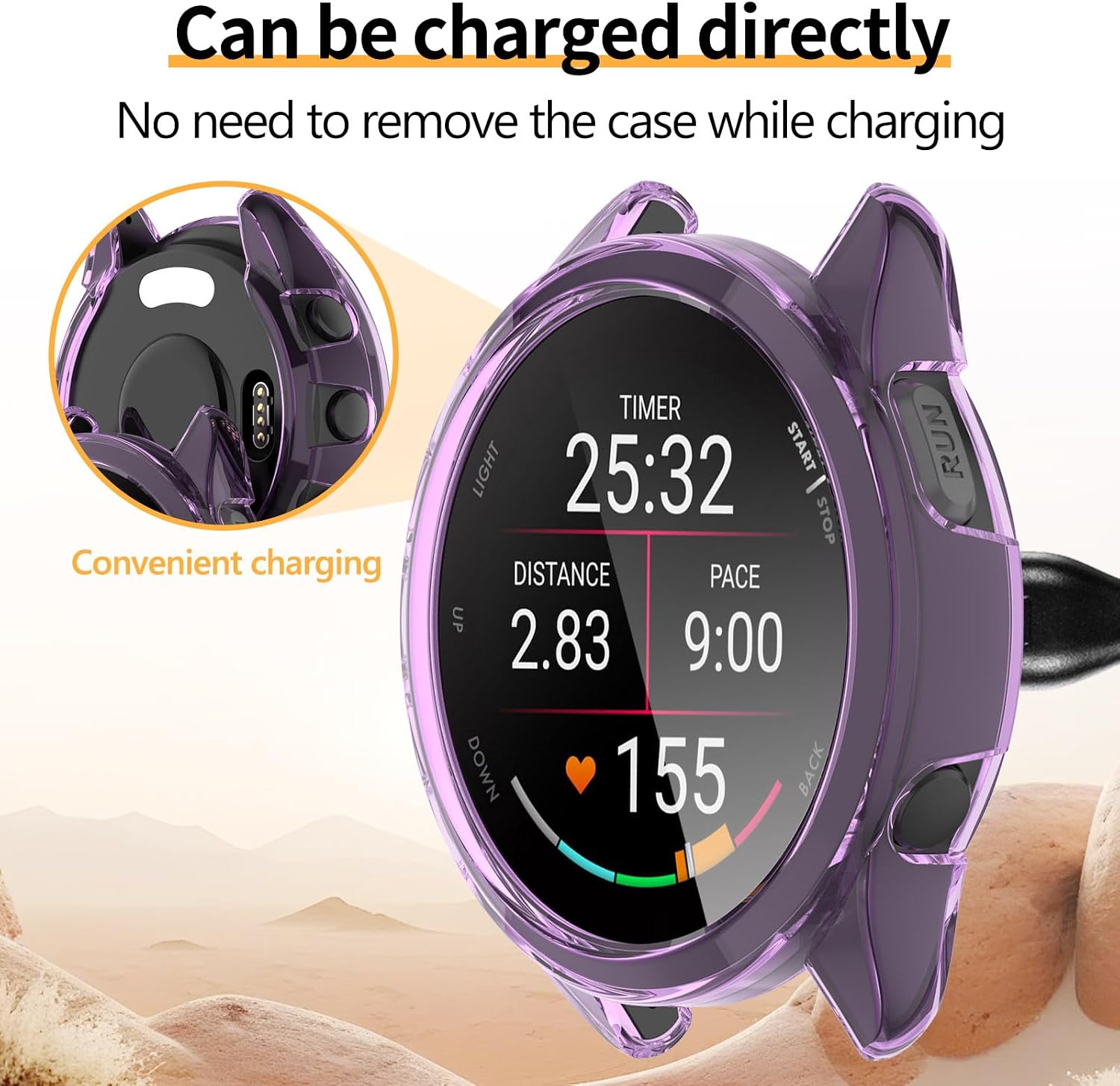 2+2 Pack Compatible for Garmin Forerunner 165/165 Music Screen Protector Case, Soft TPU Bumper Protective Accessories with Tempered Glass Film