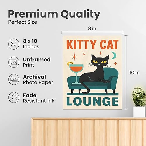 Miniatura 2 de Murciélagos retro y vibraciones de cóctel, póster de arte moderno de pared de gato de mediados de siglo, 8 x 10 pulgadas, decoración atómica sin