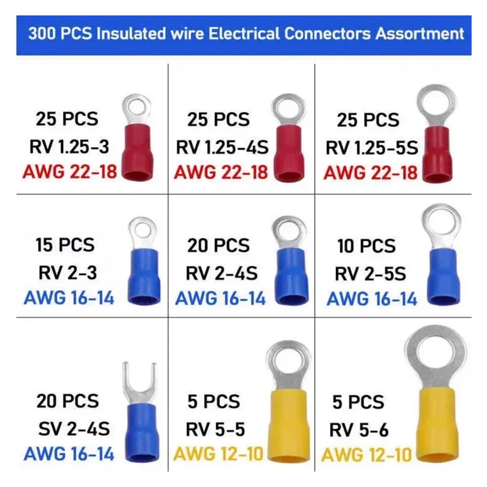 Cosse à sertir électrique, Kit de bornes isolées avec connecteurs Bout à Bout à Anneau de Fourche for Fils 16-14AWG, Paquet de 300