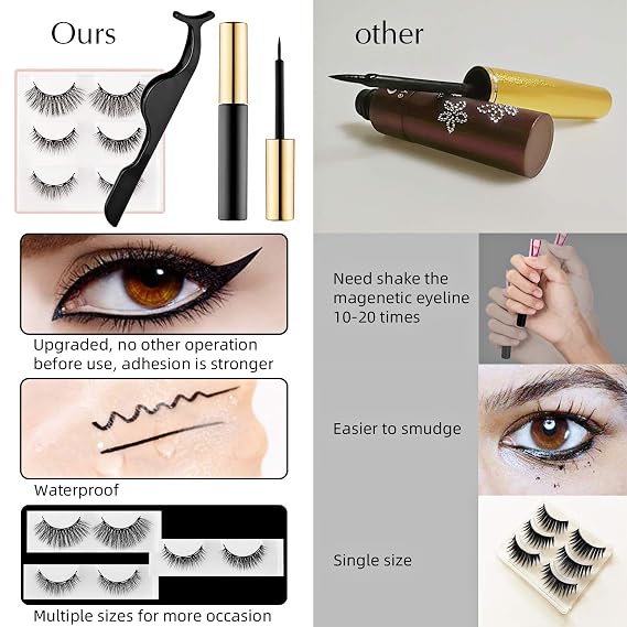 Magnetic Eyeliner and False lashes Kit, Magnetic Eyeliner for Magnetic Lashes Set, With Reusable Lashes, Mink Eye Lashes, Stay All Day Waterproof Liquid Eyeliner Black [3 Pairs]