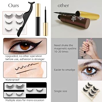 Magnetic Eyeliner and False lashes Kit, Magnetic Eyeliner for Magnetic Lashes Set, With Reusable Lashes, Mink Eye Lashes, Stay All Day Waterproof Liquid Eyeliner Black [3 Pairs]