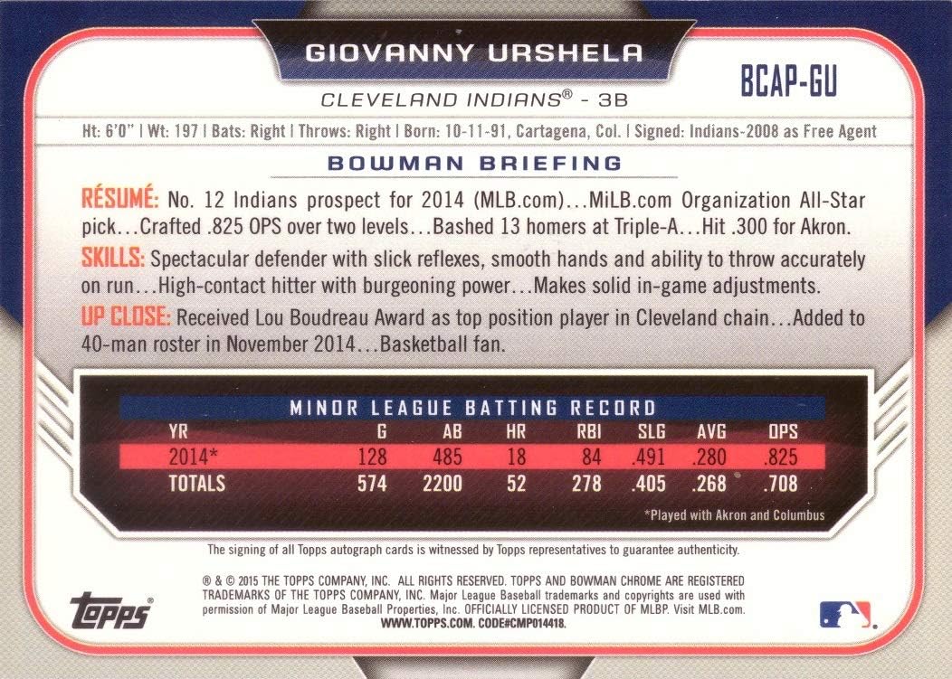 2015 Bowman Chrome Prospects #BCAP-GU Giovanny (Gio) Urshela Certified Autograph Pre-Rookie Baseball Card