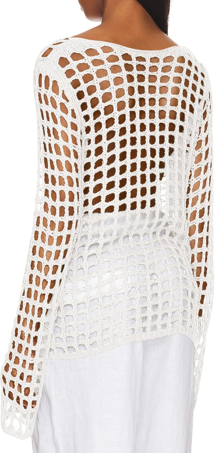 Saodimallsu Womens Long Sleeve Swimsuit Coverup Crochet Hollow Out Tie Front Swim Cover Up Knit Cardigan