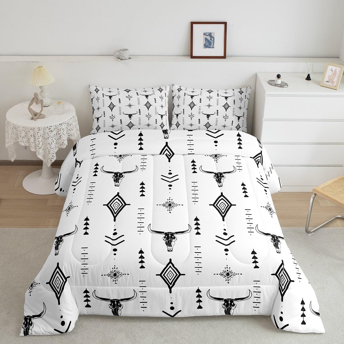 Erosebridal Western Aztec Comforter Set Queen Size Bull Skull Bedding Set for Teens Young Boho Cow Head Comforter Geometric Minimalist Art Bedroom Decor Abstract Horns Black White Duvet Quilt