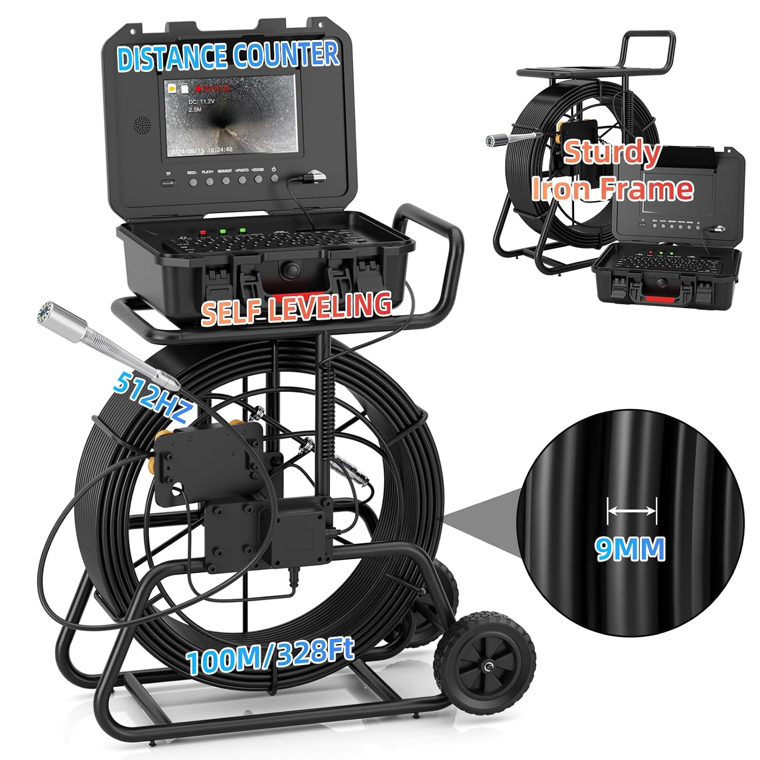 Sanyipace Sewer Camera 165FT/50M with 512Hz Transmitter, Self-Leveling, Drain Plumbing Pipe Inspection Camera with Mic Speaker, DVR Recorder, 16GB TF Card, 9mm Rigid Cable, Pipe Pulley Guide Wheel