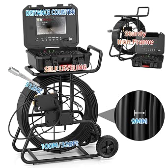 Sewer Camera 328FT/100M with 512Hz Transmitter, Self-Leveling, Drain Plumbing Pipe Inspection Camera with Mic Speaker, DVR Recorder, 16GB TF Card, 9mm Rigid Cable, Pipe Pulley Guide Wheel