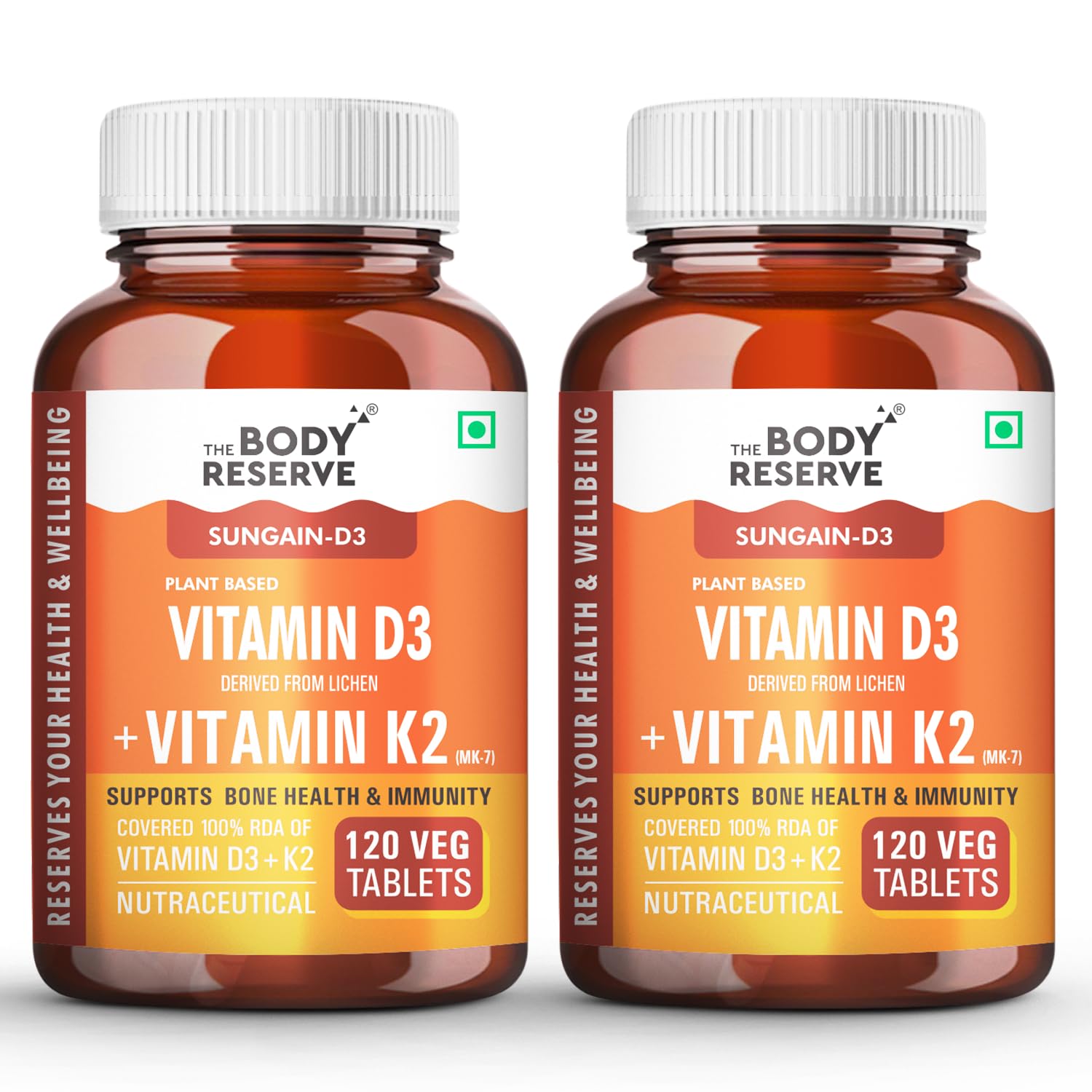The Body Reserve """ Vitamin D3 K2 Mk7-120 Veg Tablets, 100% Rda Plant-Based Vitamin D3 Supplement From Lichen Source With Vitamin K2 As Mk7 Menaquinone, Pack Of 2"""