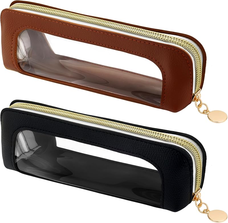 ZLSPTK 2 necessaires para maquiagem com janela transparente, zíper e formato slim, Preto e Marrom