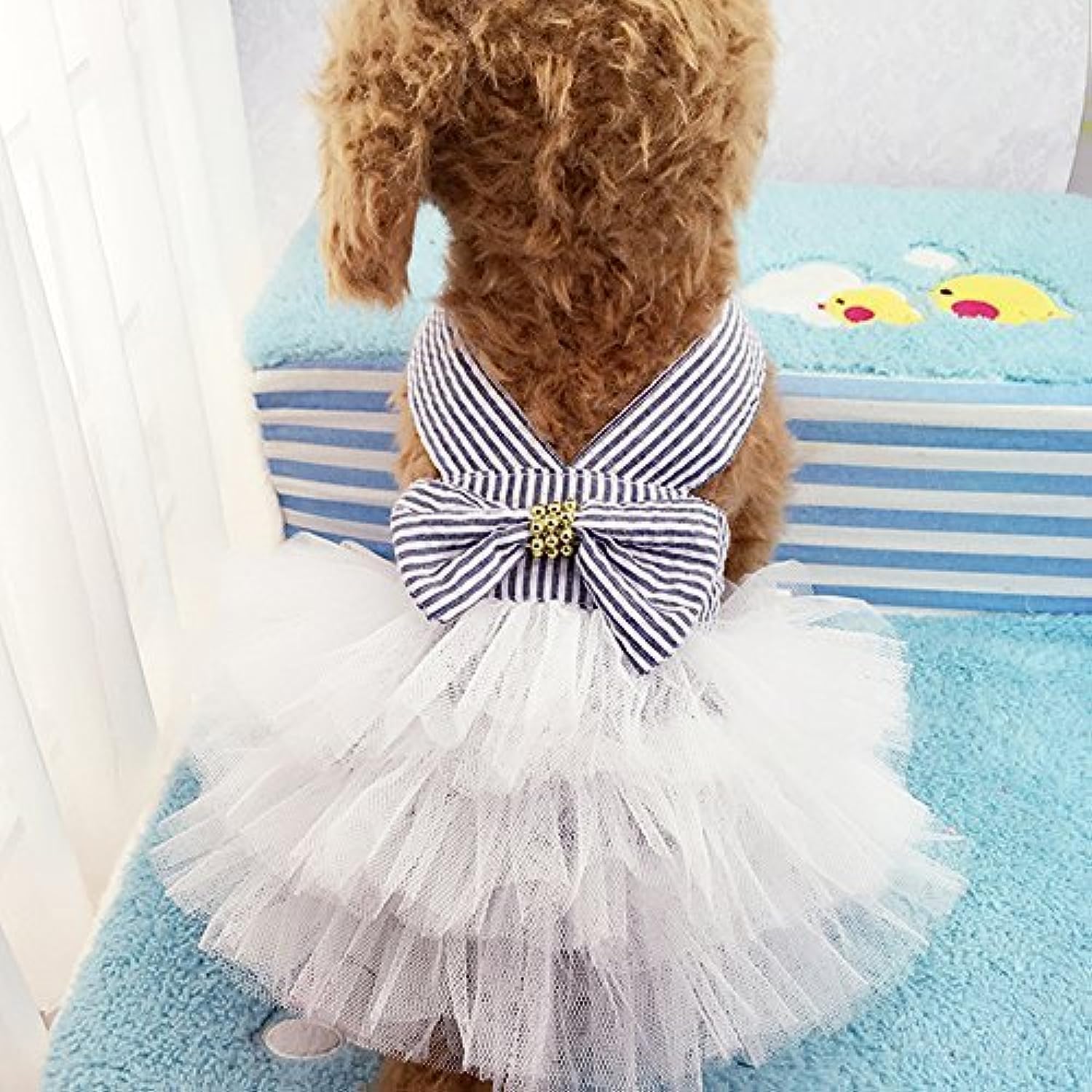Celestte Pet Striped Mesh Princess Dresses (S, Blue)