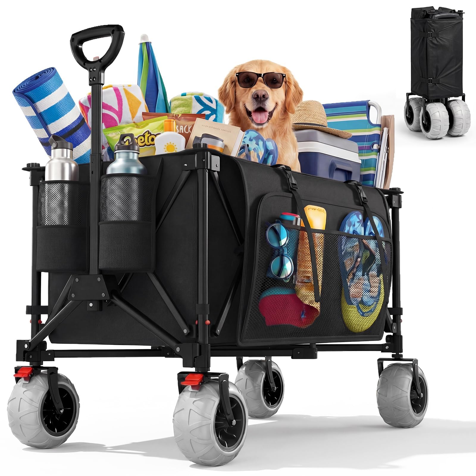 JUMMICO Foldable All Terrain Handcart 200 Litre Volume 9 Inch Large PU Tyres Beach Festival Beach Shopping Camping Transport Trolley
