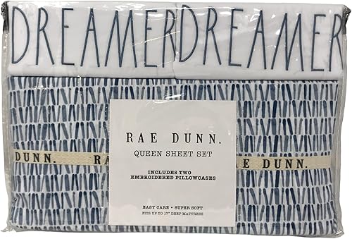 Miniatura 1 de Rae Dunn Juego de sábanas tamaño Queen 2 fundas de almohada bordadas para colchones de hasta 17 pulgadas de profundidad Queen soñadorblancoazul