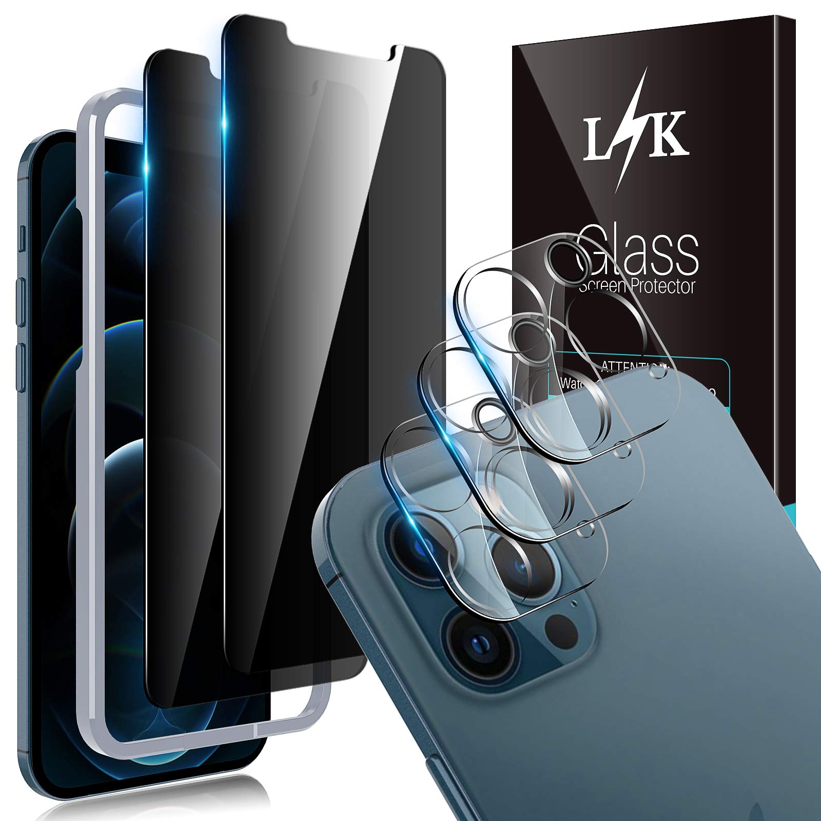 LϟK [2+3 Pack] Designed for iPhone 12 Pro Max 5G 6.7 inch, 2 Pack Privacy Screen Protector + 3 Pack Camera Lens Protector, 9H Hardness Case Friendly, Installation Tray [Not for iPhone 12 Pro]