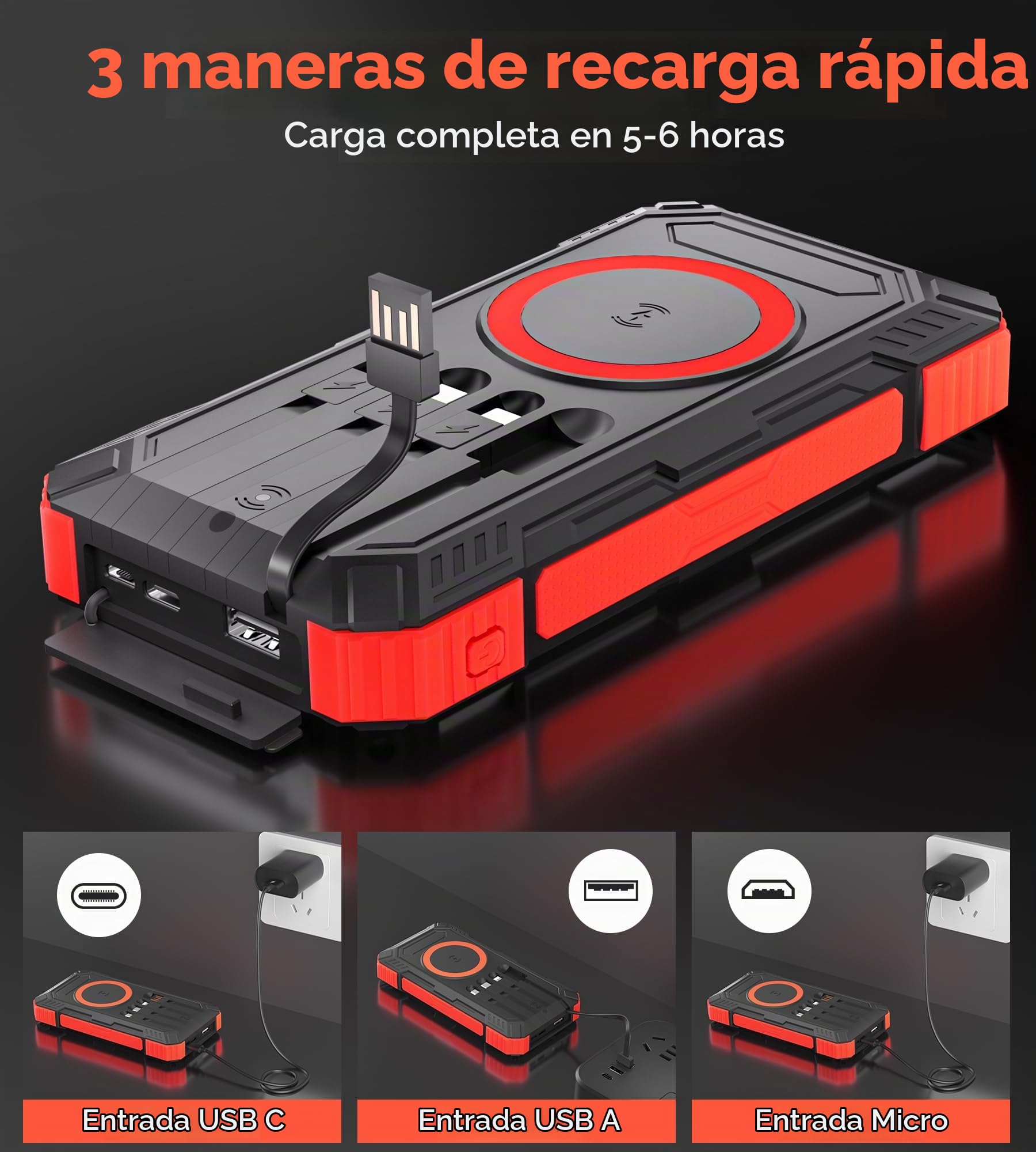 Power Bank Solar 56800mah con función de Carga inalámbrica, Impermeable Viene con 5 Salidas 3 entradas, Linterna, mosquetón, Qc 30 y USB C PD 20w para teléfonos portátiles, tabletas (Red)