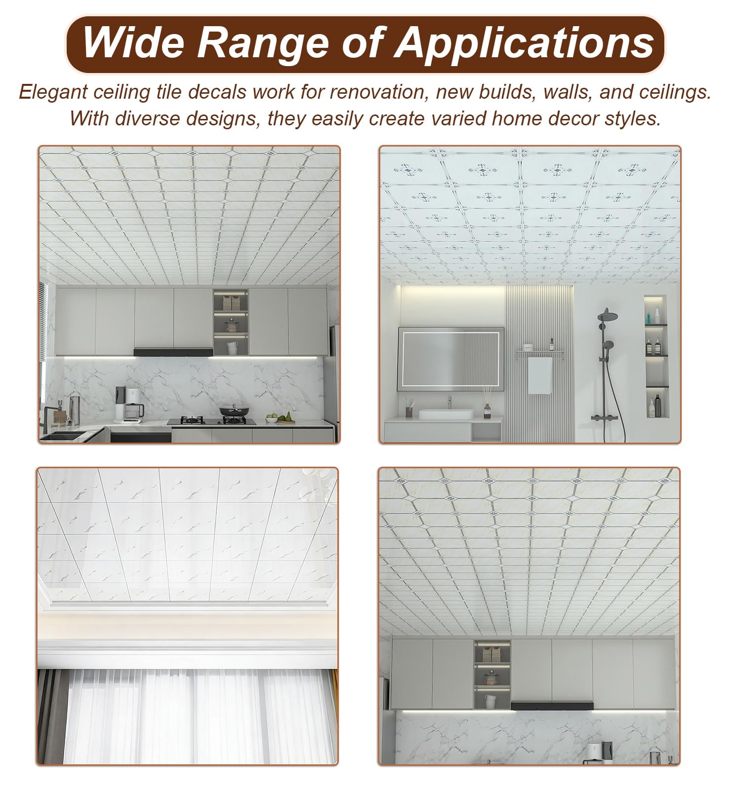 Pannelli Polistirolo Pannelli Autoadesivi per Controsoffitti da Bagno, Pannelli Decorativi Eleganti per Soffitti (fai-da-te), Piastrelle Adesive in PVC per Pareti(White,100 pcs (Cover 9 m²))