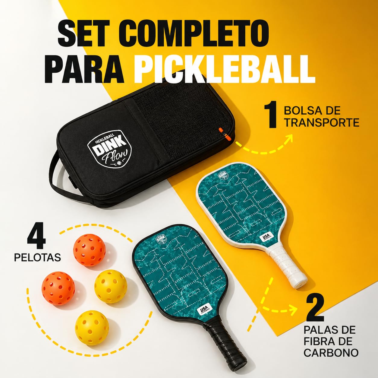 Pickleball Set Profesional – 2 Palas Pickleball de Fibra de Carbono + 4 Pelotas + Bolsa - Raquetas Pickleball Ligeras Antivibración - Pala Pickleball para Interior y Exterior