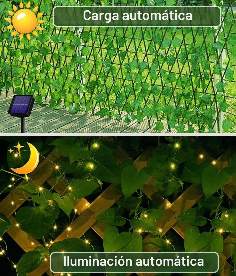 Guirnalda Luces Exterior Solar 10M 100 LED Luces de Hiedra Artificial, 8 Modos Luces Exterior Solar Enredaderas Impermeable Cadena Luces de Hojas para Jardín Balcón Exterior Decoración