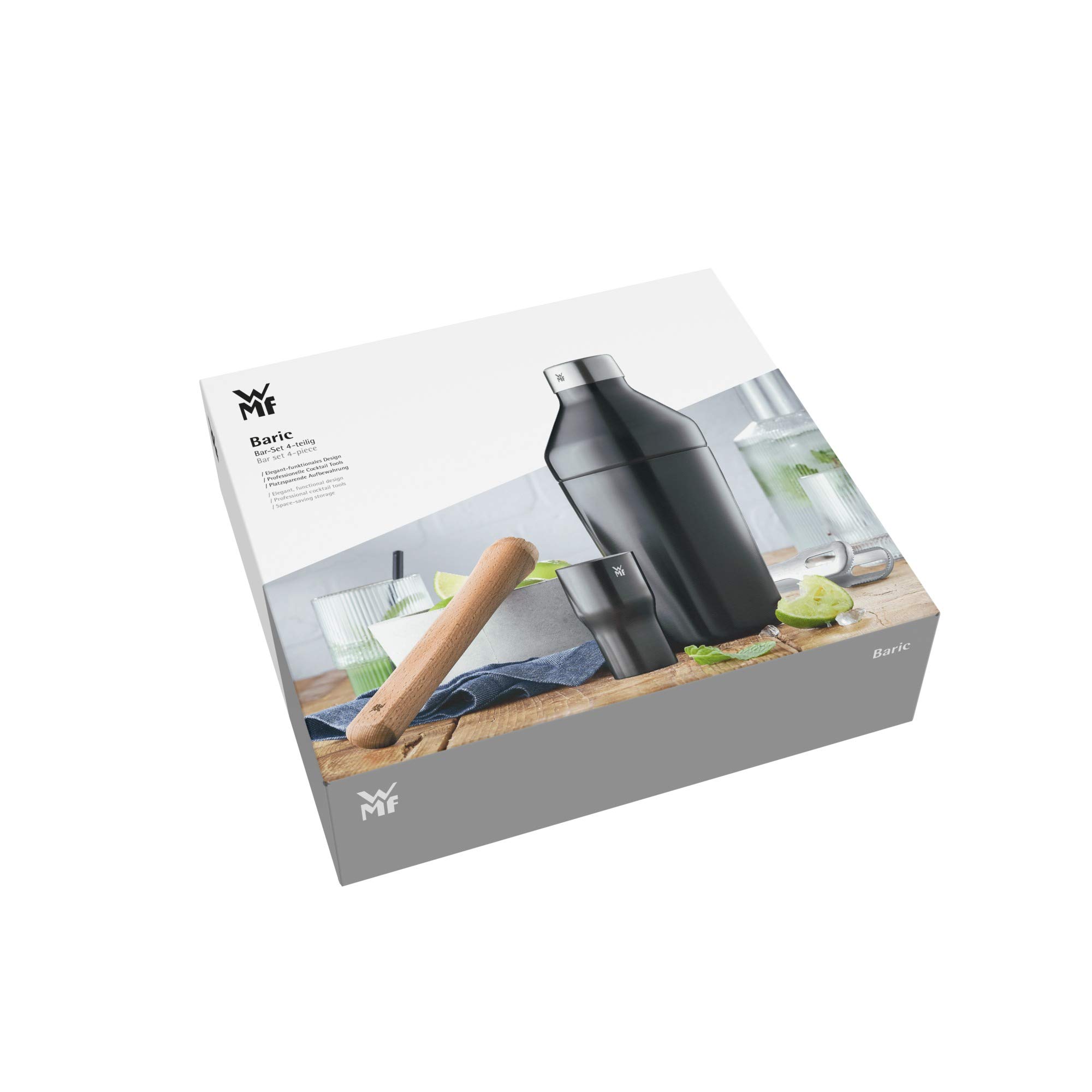 WMF Baric - Set da cocktail da 4 pezzi, barista con shaker da cocktail in acciaio inox, misurino, pinza per ghiaccio, pestello in legno, riponibile, confezione regalo