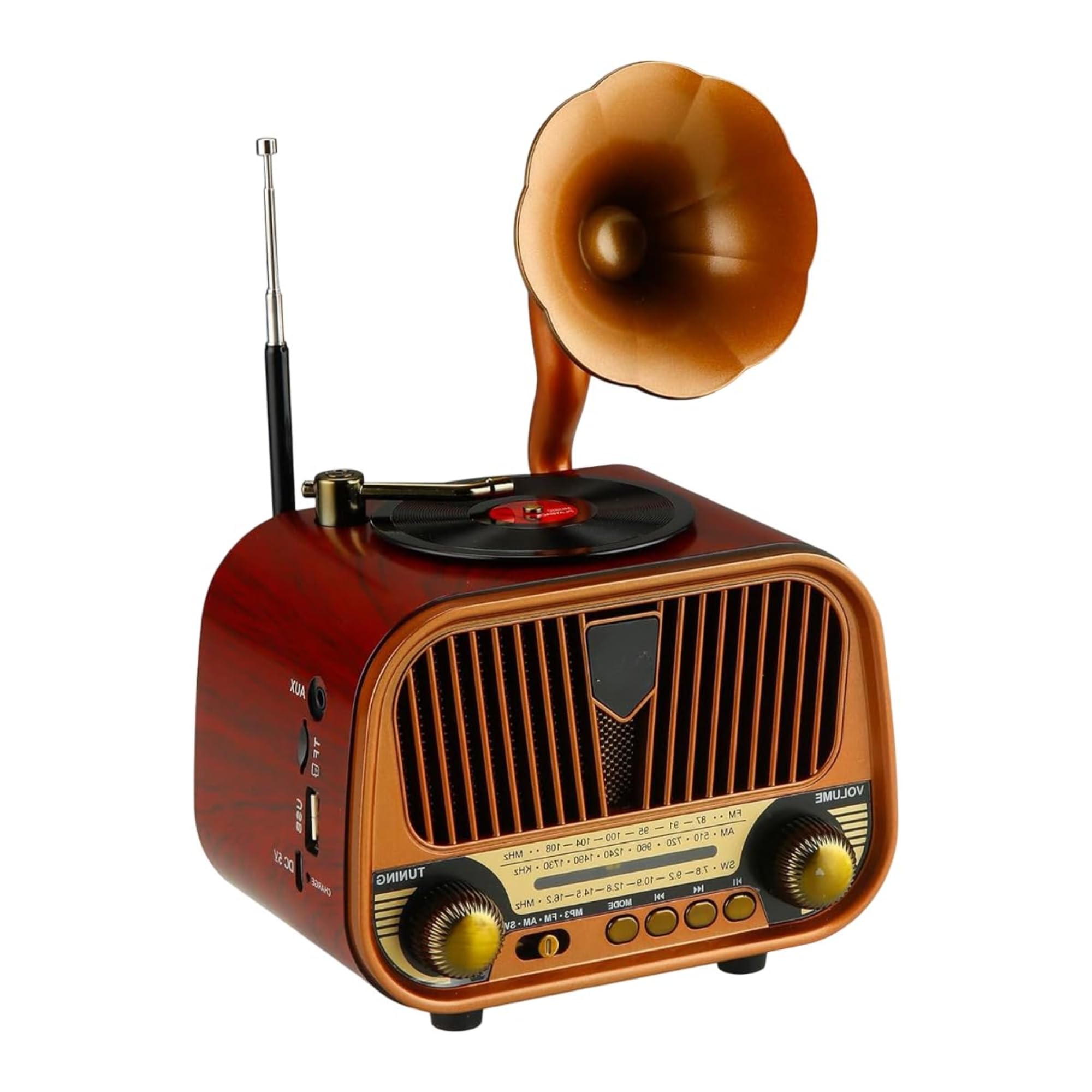 vintage style portable bluetooth speaker with decorative phonograph horn, 5w high-fidelity sound, bluetooth 5.3, fm radio, microsd card support, 1500mah rechargeable battery