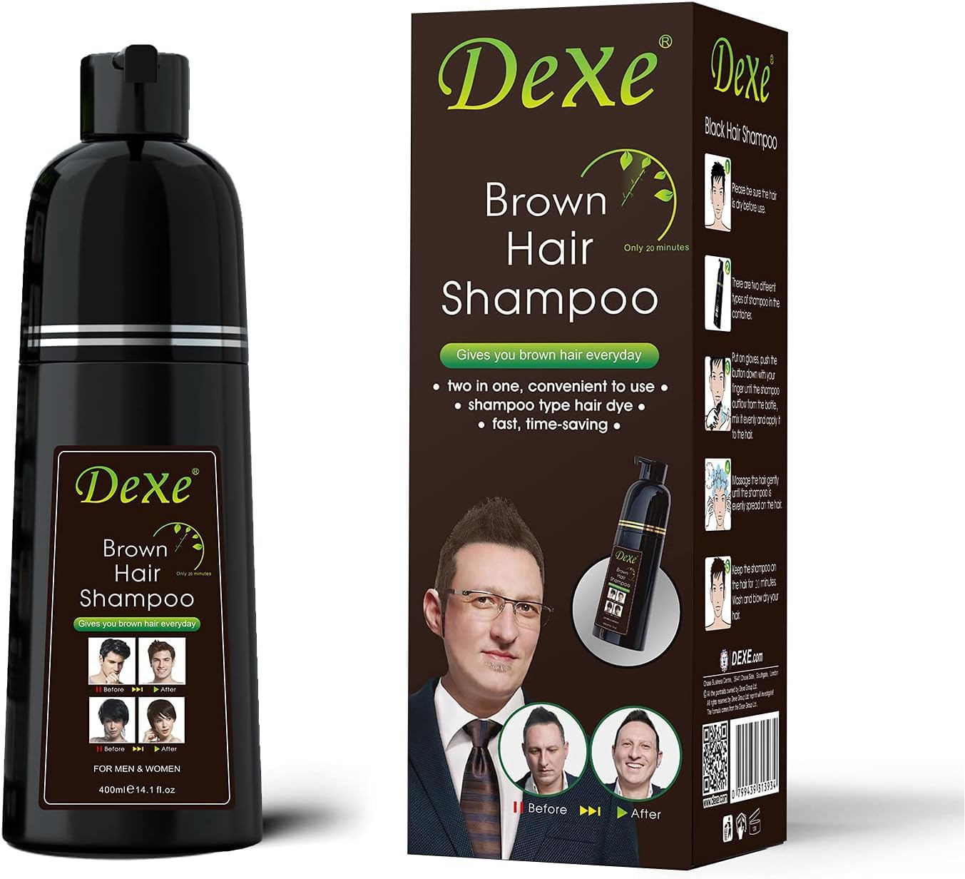 Dexe Black Hair Shampoo 400 ML Instant Hair Blackening Dye for Men Women Black Color - Simple to Use - Lasts 30 Days - Fast Acting Natural Ingredients (Brown)