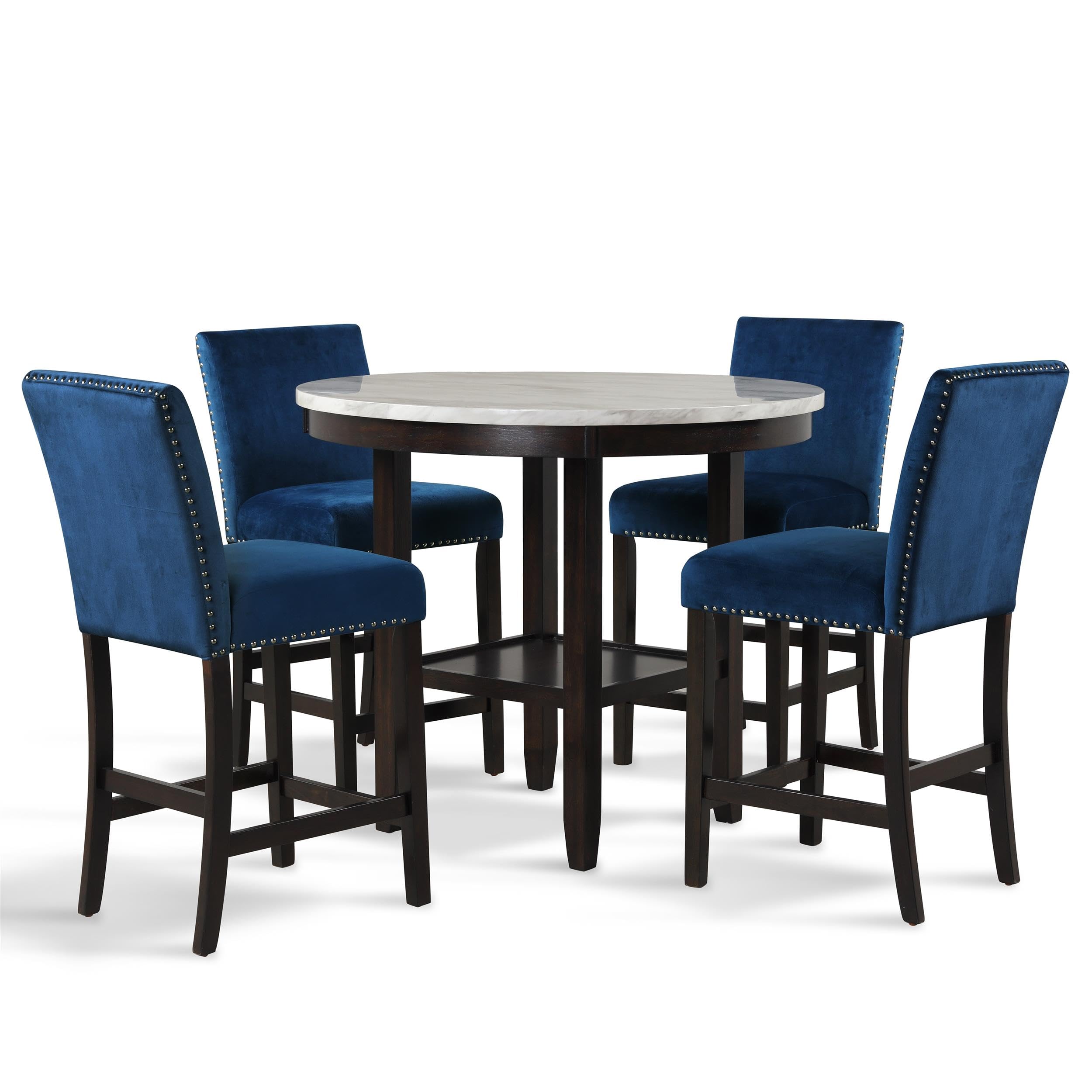 New Classic Furniture Celeste Faux Marble Top And Polyester Fabric 42" Counter Dining Room Table Set For 4 - Blue - Table & Chair Sets
