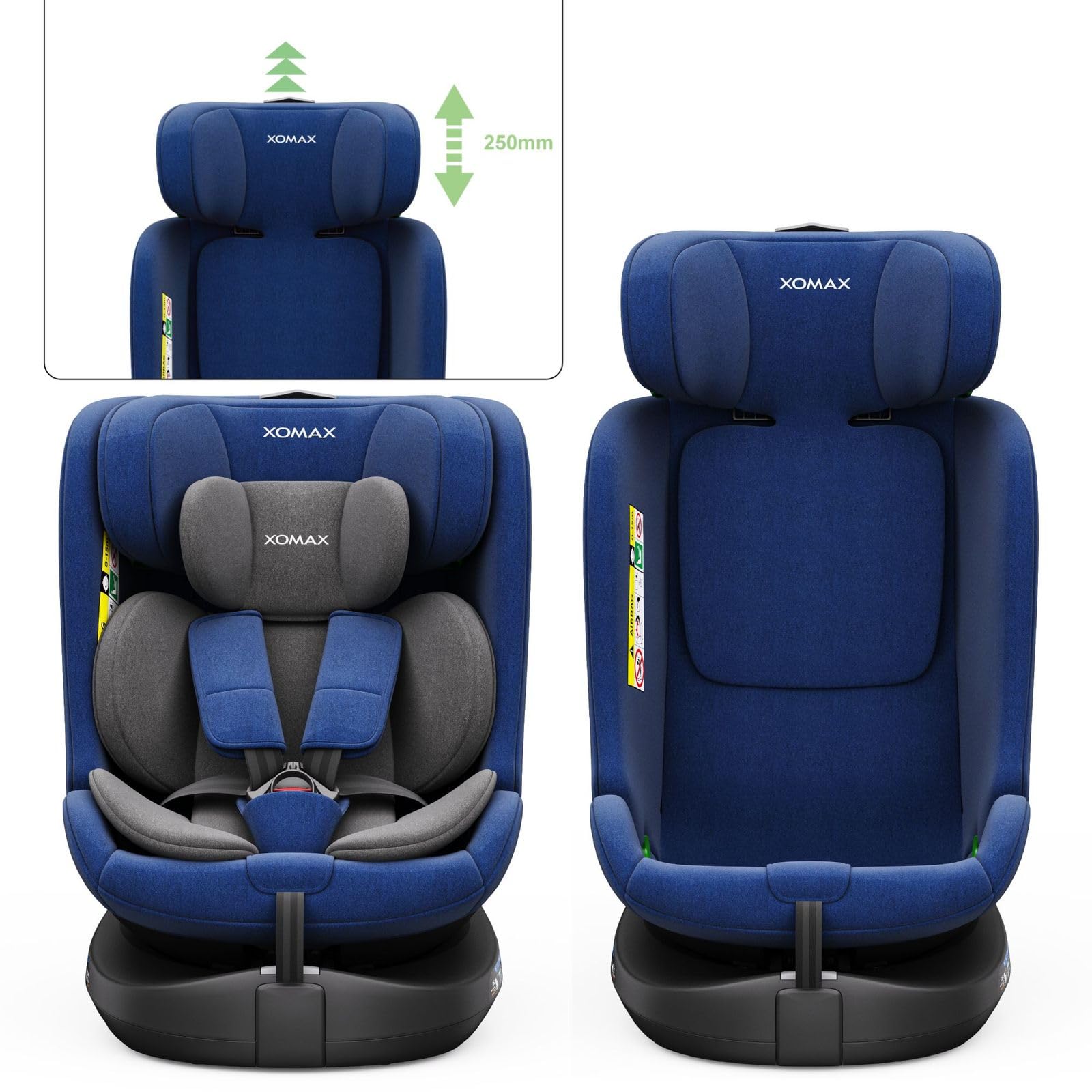 Xomax C013 Kindersitz 360° drehbar mit Isofix, ECE R129, 0-36 kg, verstellbar, neigbar, atmungsaktiver Bezug, 5-Punkt-Gurt, Top Tether, Autokindersitz für Babys & Kinder 0-12 Jahre, Farbe: (Blau)