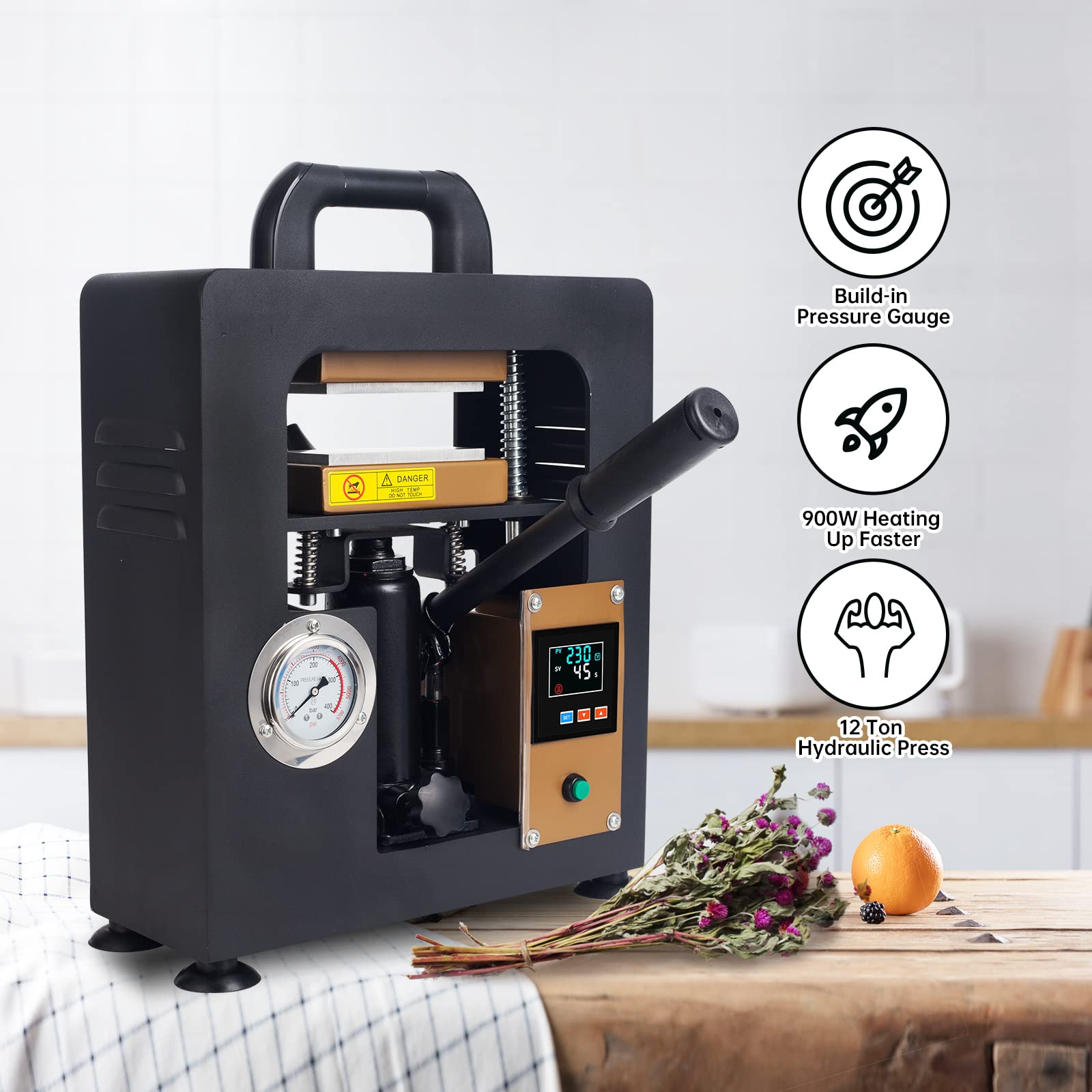 12Ton Hydraulic Heat Press Machine w/ Pressure Gauge, Upgrade 900W Heat