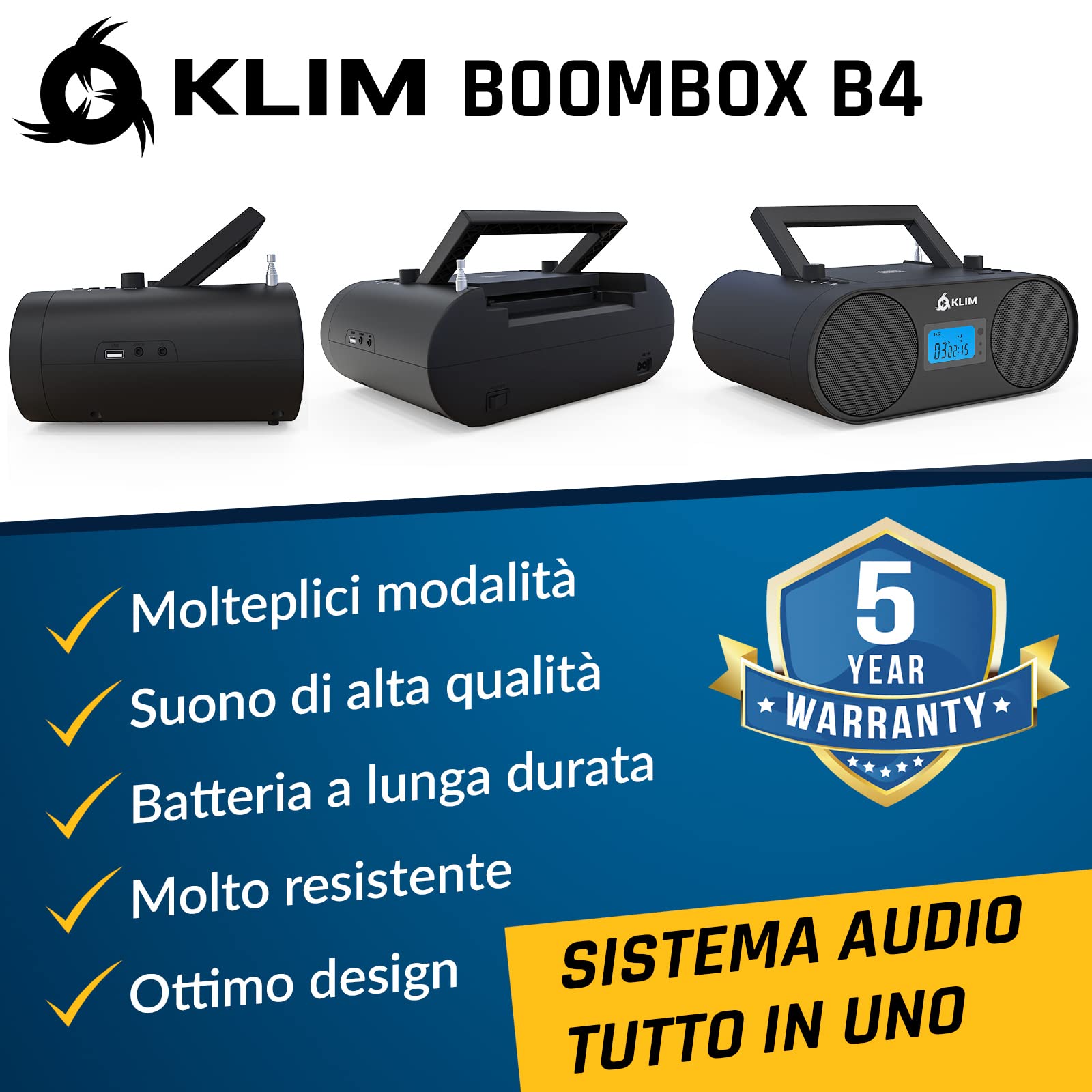 KLIM Lettore CD Stereo Boombox B4 + AM/FM Radio con Lettore CD e USB, Bluetooth, AUX + Stereo casa + Filo o Wireless + Batteria ricaricabile, Telecomando, Standby automatico, EQ Digitale + NUOVO
