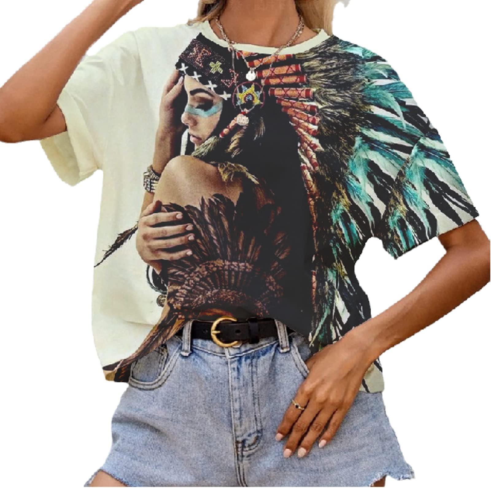 Women's Ethnic Tribe Print Tshirt Street Fashion Casual Tshirt Summer New Round Neck Short Sleeve Tshirt Color1 S