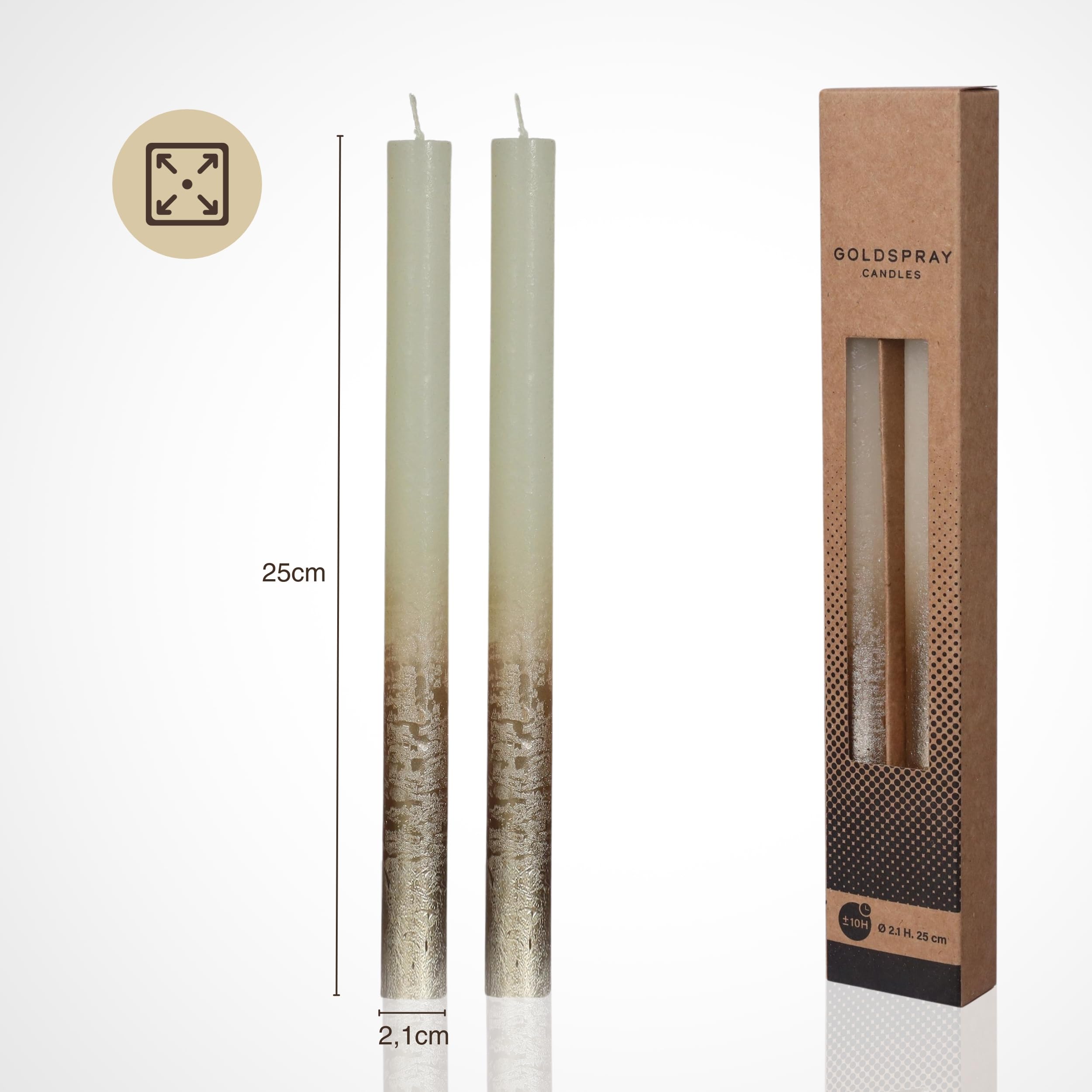 Taper Candles Set - 2 x Long Burning Dripless Dinner Table Taper Candles, Cream with Gold Accent, 25 cm, 10 Hours - Image 4