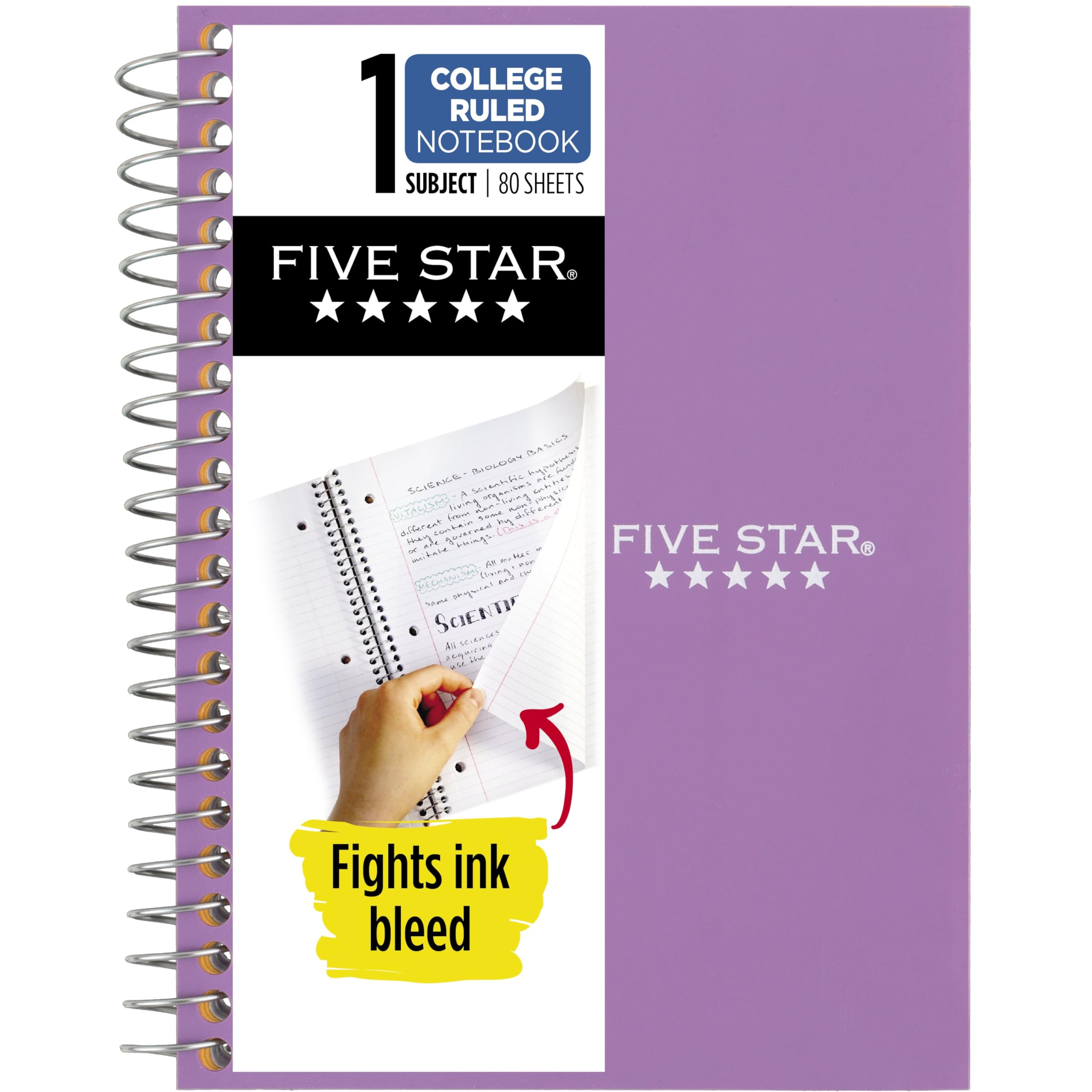 Five Star Spiral Notebook, 1 Subject, College Ruled Paper, Personal Size, 4-3/8" x 7", 80 Sheets, Fights Ink Bleed, Water Resistant Cover, Amethyst Purple (450048CF1-ECM)