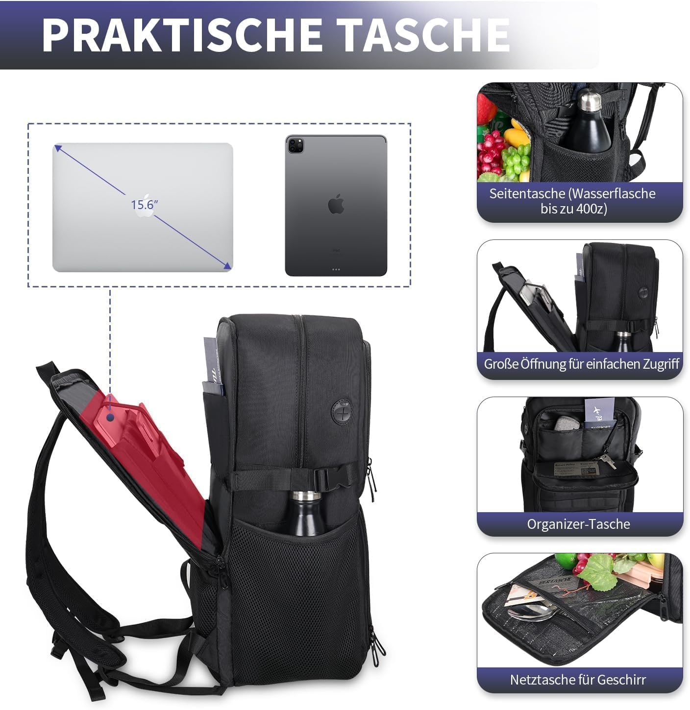 BERTASCHE Zaino da pranzo con scomparto termico isolato, 17,3 pollici, zaino per computer portatile da uomo, tattico, lavoro, scuola, picnic, viaggi, nero