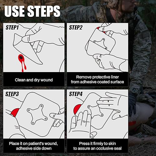 Miniatura 4 de RHINO RESCUE Sello de pecho ventilado, 4 rejillas de ventilación, apósito estéril de emergencia para trauma, almohadilla adhesiva oclusiva,