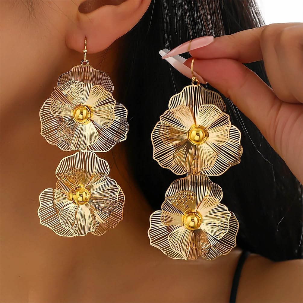 Dainty Large Gold Double Flower Drop Dangle Earrings for Women Statement Trendy Y2K Silver Floral Petal Stud Earring Boho Jewelry Costume Accessories - Image 3