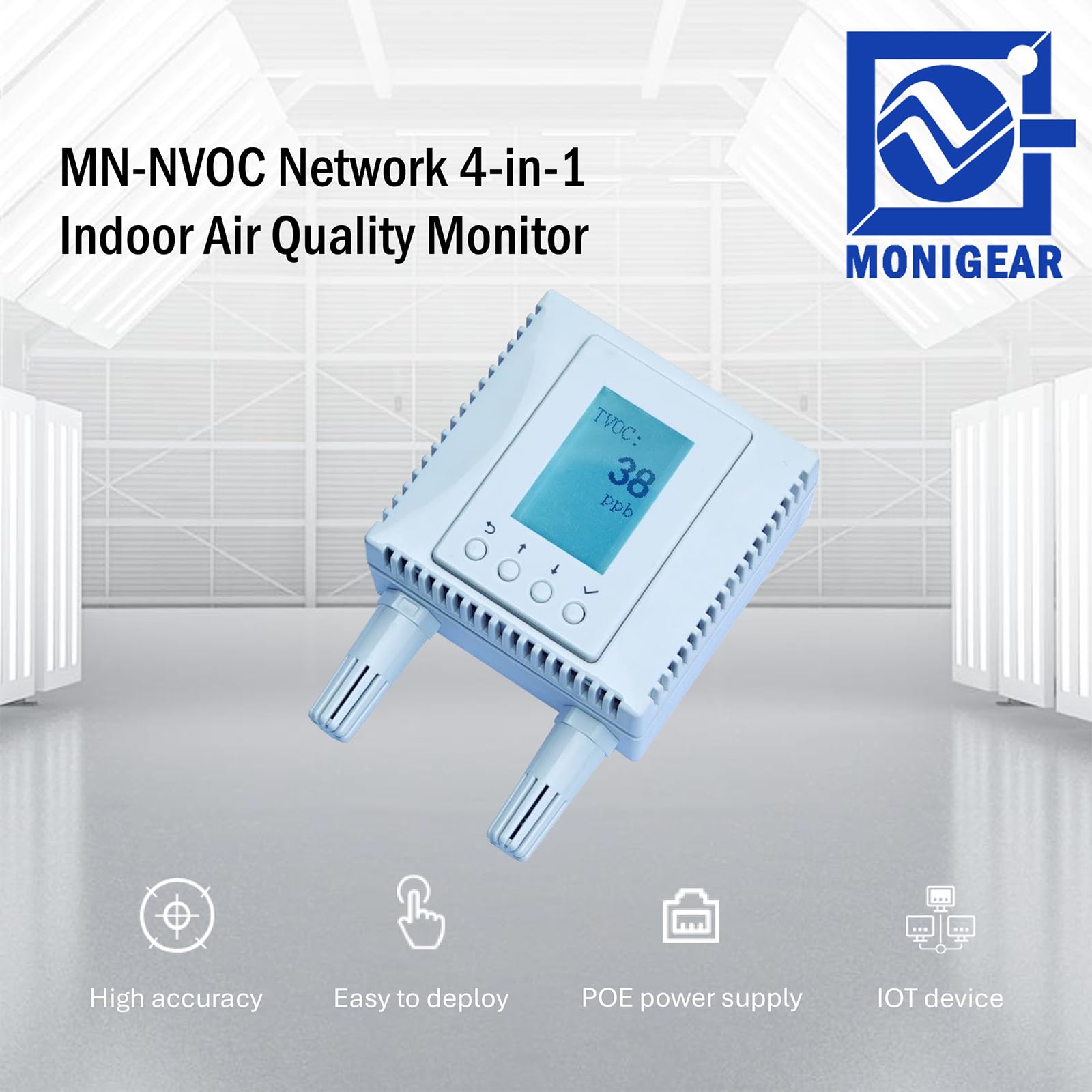 Wewnętrzny monitor jakości powietrza, czujnik wilgotności CO2 TVOC 4 w 1, obsługa sieci AWS/Azure/Tuya IoT z PoE, wyświetlaczem LCD, protokół: MQTT, BACnet, SNMP, Modbus TCP