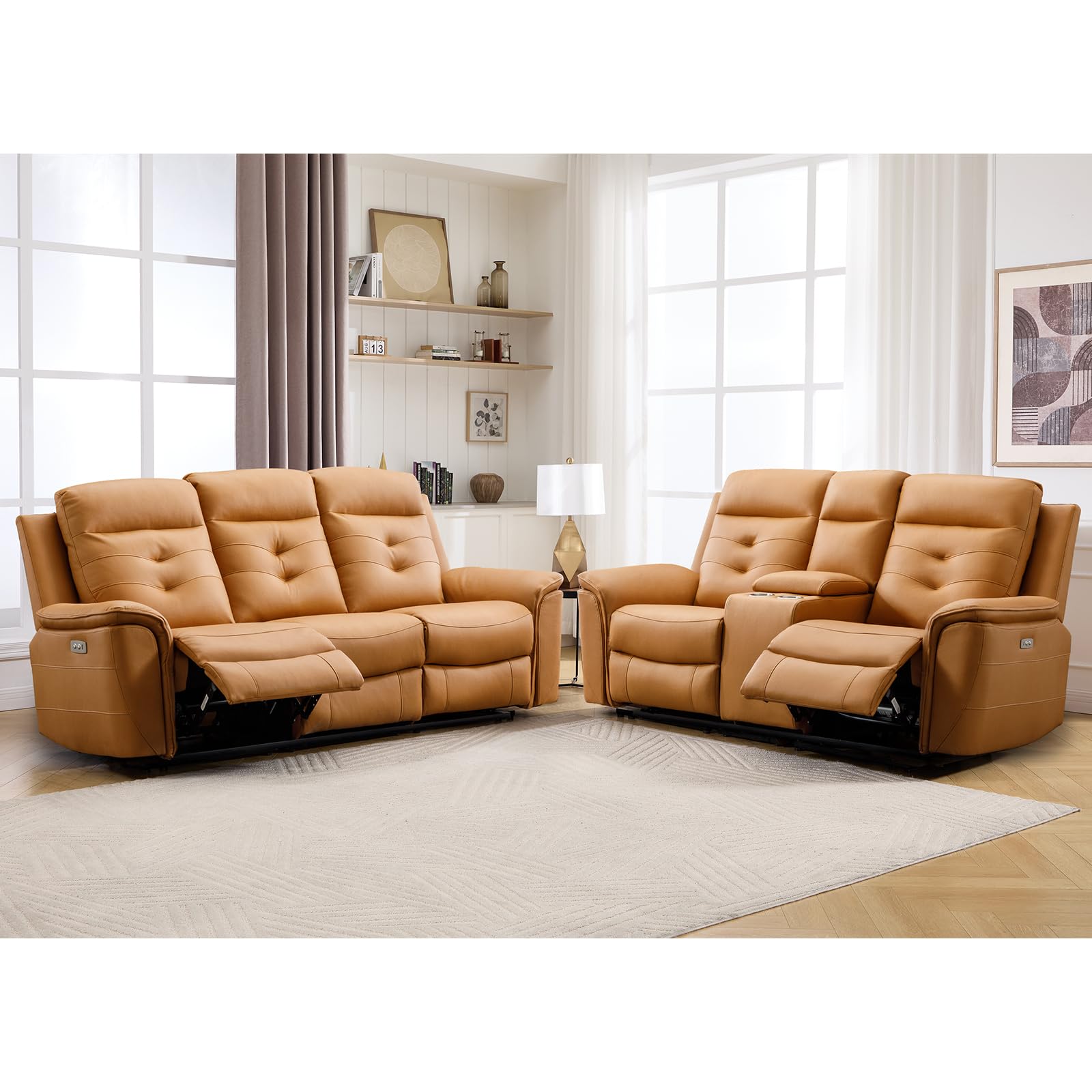 ANJ 2-Piece Faux Leather Power Recliner Sofa Set with Charging Port, Include 2-Seater Loveseat with Hidden Storage &amp; Cup Holders and Electric 3-Seater Reclining Couch for Living Room, Yellow
