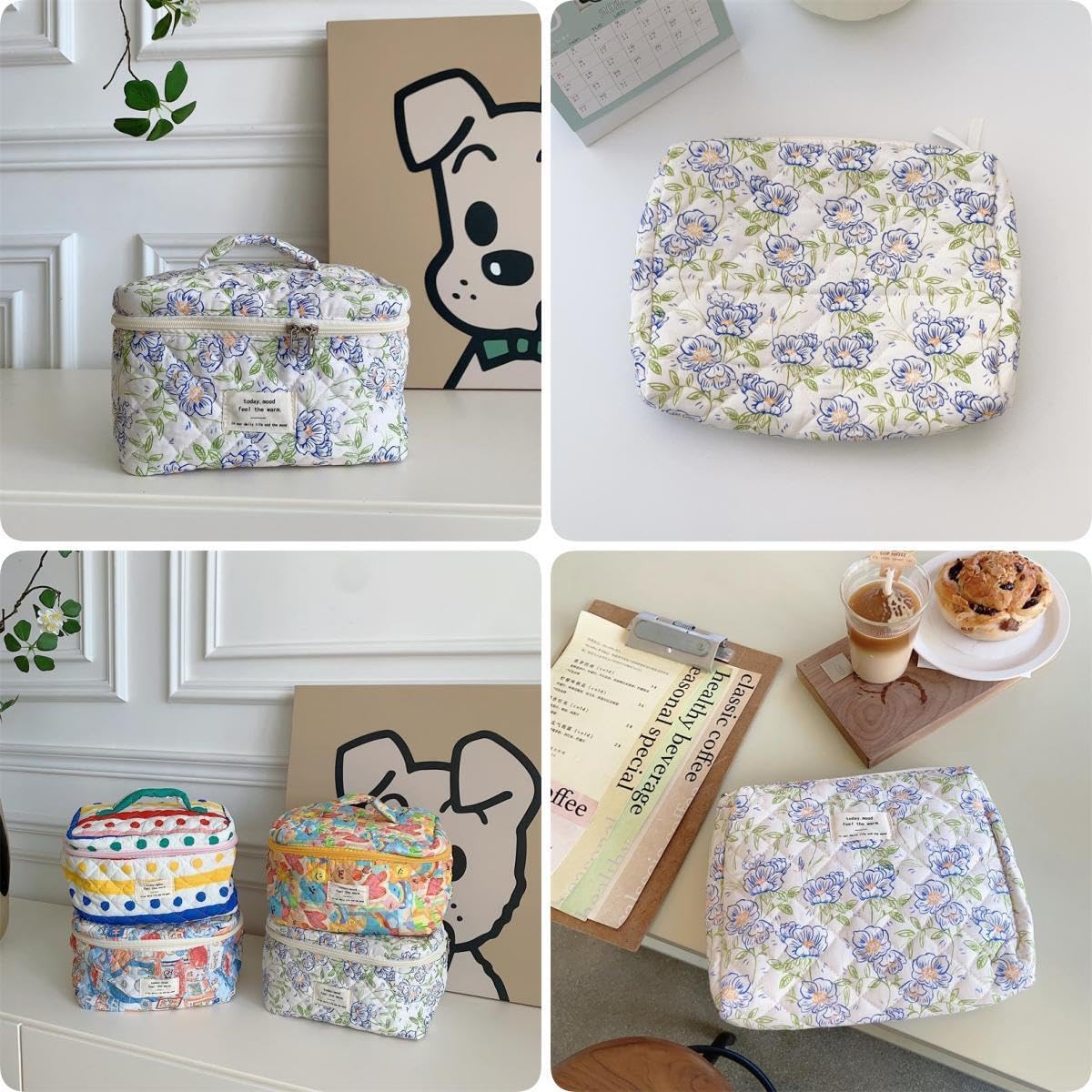 Fcteap 2-Piece Quilted Cotton Cosmetic and Toiletry Bag Set