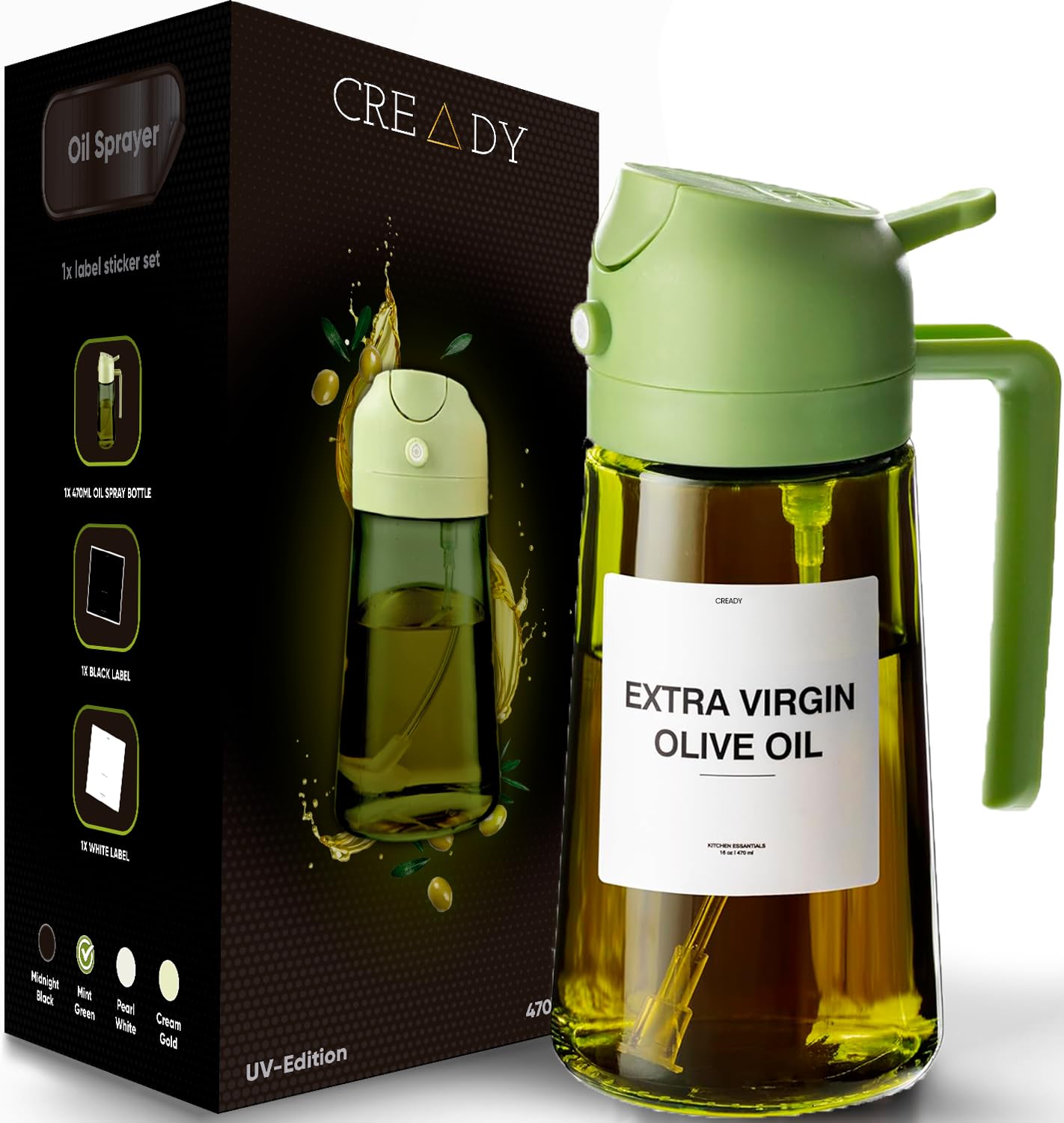 CREADY | Pulverizador de aceite de cocina – 470 ml botella de aceite de oliva | Dispensador 2 en 1