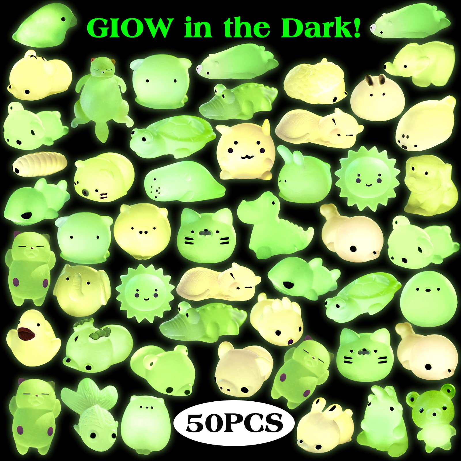 Outee Mochi Animals Stress Toys, 50 Pcs Mini Stress Relief Toys Mochi Animals Toys Kawaii Mochi Cat Glow in The Dark Random Relief Stress Toys for Kids Adults